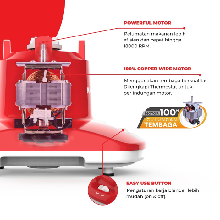 Maspion Blender Gelas Kaca 3in1 1 Liter - MT1263GL | MT-1263 GL - Merah 